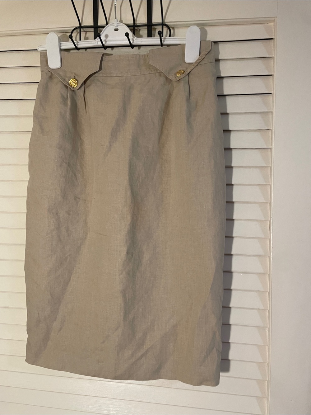 Valentino Studio Beige Linen Flax Pencil Skirt with Gold Buttons Collar Waist